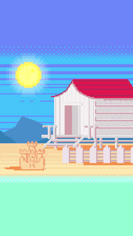 pixel art beach cabin scene