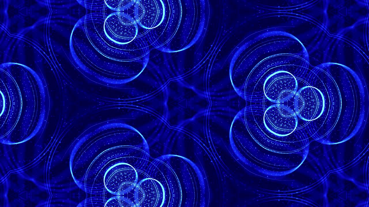 tema abstracto caleidoscópico. fondo 3d de ciencia ficción en bucle de 4k con partículas azules brillantes forman líneas, superficies, patrones estructuras simétricas complejas