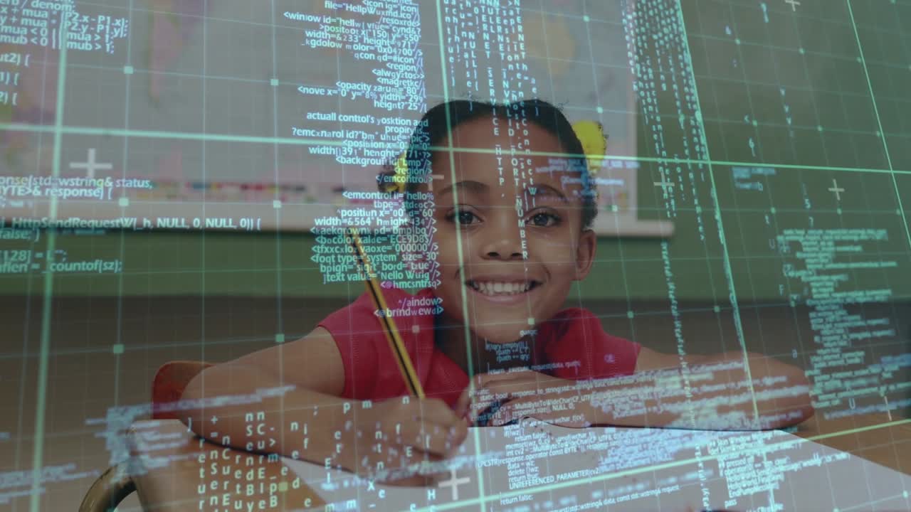 Girl writing at class desk pencil touching paper as code overlay compositing finishing task smiling
