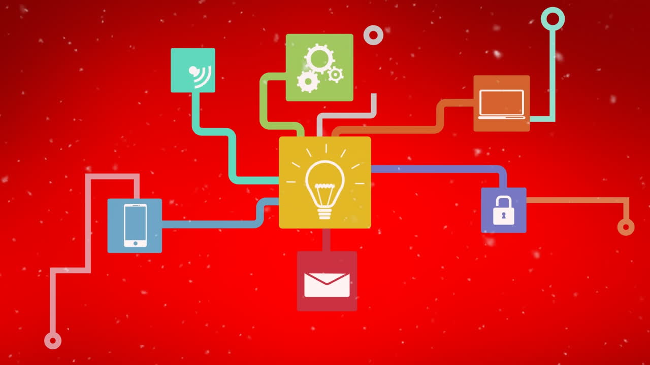 Animation of snow falling over network of connections with icons on red background