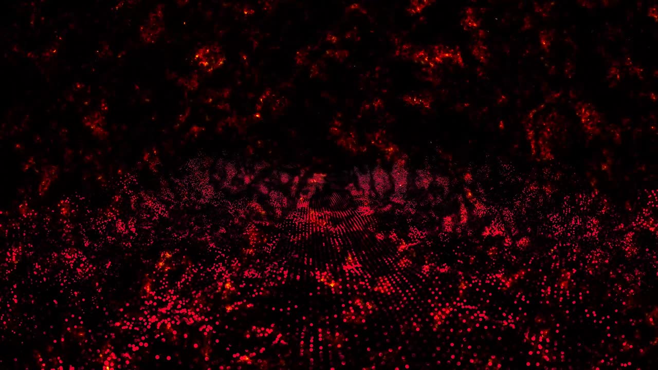 Abstract dark red lava flame and dark smoke million particles pattern waveform oscillation fast move, visualization wave technology digital surface