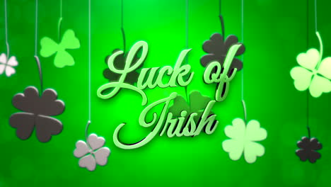 animation closeup luck of irish text and motion small green shamrocks on saint patrick day shiny background 2