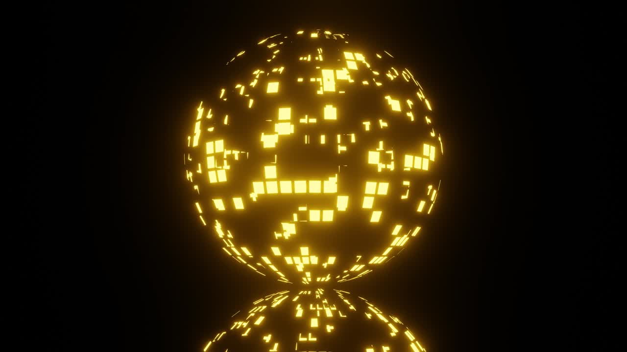 회전하는 황금 디스코 공, 반이는 반이고 표면에서 반사되는 3d 루프 모션 그래픽