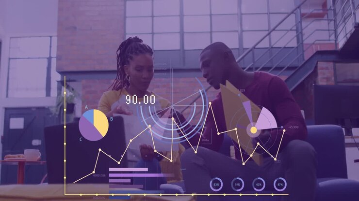 Animation of statistics and data processing over diverse business people in office