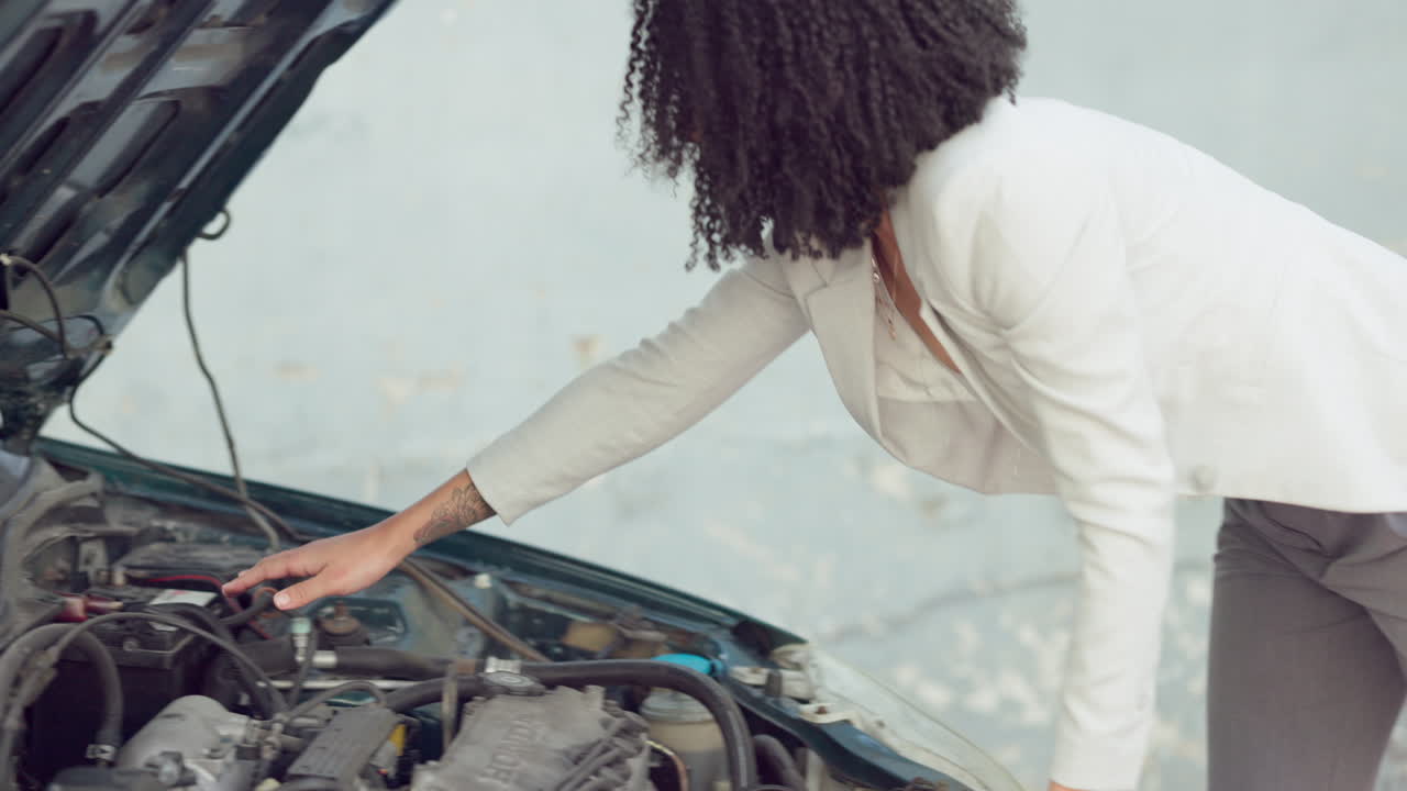 Car, engine fail and woman with transportation