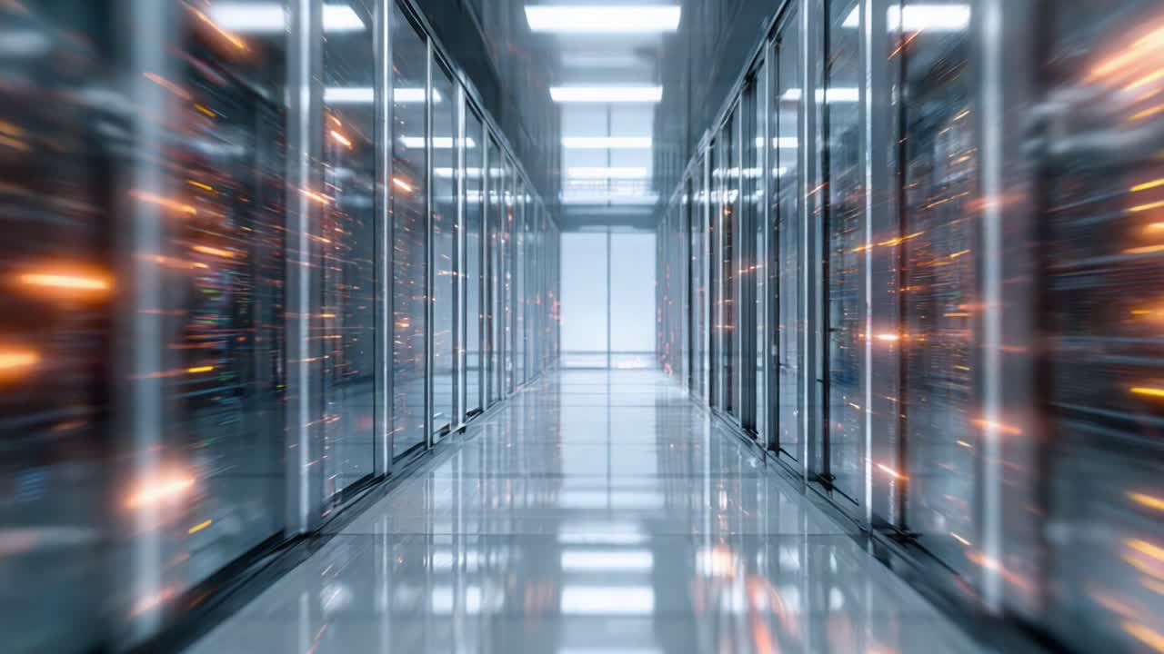 En dynamisk udsigt over en moderne datacentegang, der viser rækker af højteknologiske servere med oplyste komponenter i et elegant og futuristisk miljø