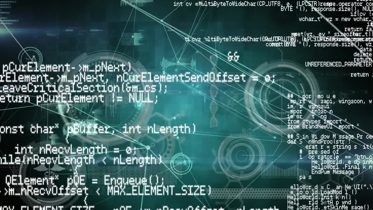 Animation of dna strand, scope scanning and data processing over black background