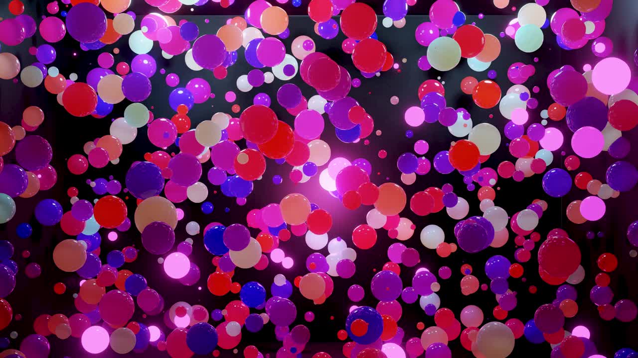 Composizione astratta di sfere colorate nell'aria, che si illuminano casualmente e si riflettono l'una nell'altra. Sfere multicolori nell'aria come semplice sfondo geometrico scuro con effetti di luce