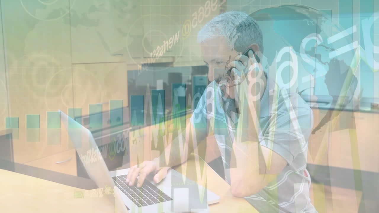 노트북 및 스마트폰을 사용하여 금융 데이터 처리 및 지구상의 사람의 애니메이션
