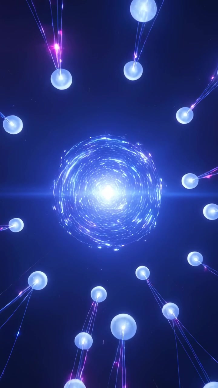 Video verticale: Vortice blu che si intensifica, che attira nodi tramite raggi nel vuoto cosmico, alimentando un bagliore