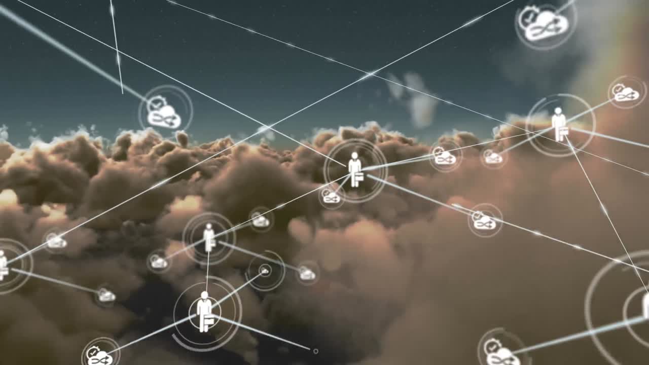 animación de la red de conexiones con iconos sobre nubes