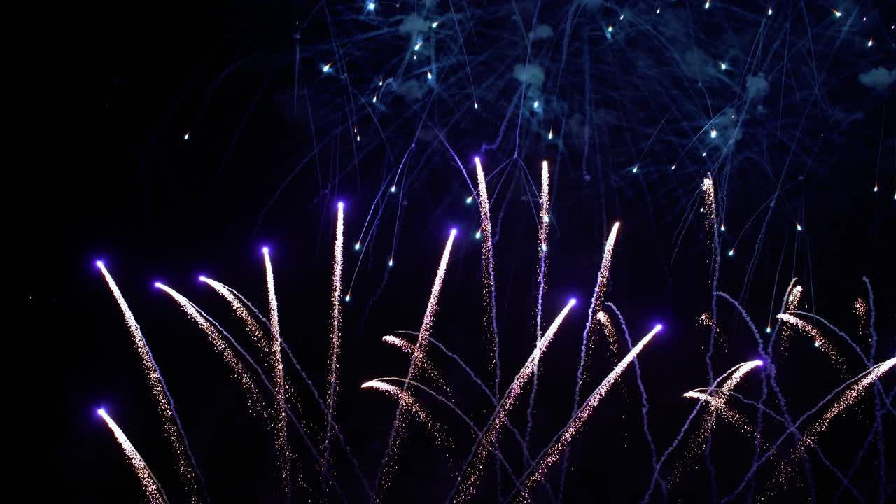 Fuochi d'artificio colorati che esplodono nel cielo notturno. Celebrazioni ed eventi dai colori vivaci.