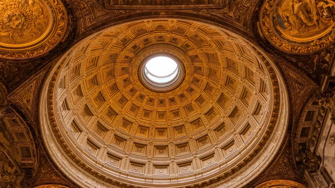 Starting camera capturing dome interior in ceremonial hall, revealing coffered panels and oculus