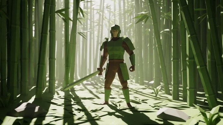 Un forte guerriero si erge solitario in una lussureggiante foresta di bambù, messo in risalto da sottili giochi di luce e ombra, pronto per l'avventura con la spada in mano.