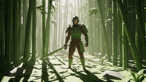 a strong warrior stands alone amidst a lush bamboo forest, highlighted by subtle light and shadows, ready for adventure with sword in hand