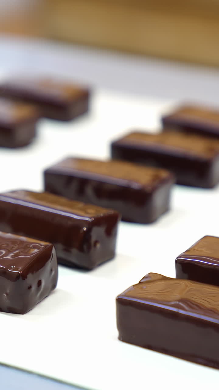 Automatic moving assembly line with mouth-watering chocolate candies. Fresh sweets on the conveyor. Production line for the production of chocolates. Vertical video