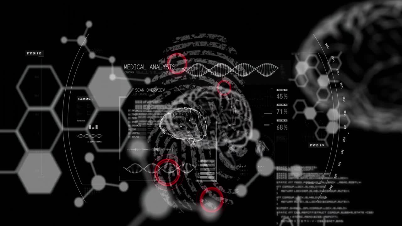 Animation of data processing, human brains and dna strand spinning over biometric fingerprint