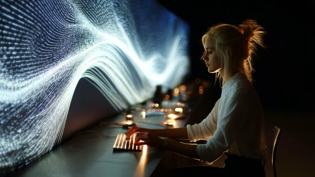 A young woman focused on her work at a sleek workstation, surrounded by flowing digital waves on a large display, showcasing the harmony of technology and creativity in a modern workspace