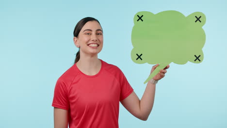 Happy,-woman-and-face-with-speech-bubble