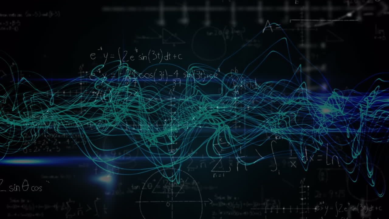 Animation of mathematical equations over light trails on black background