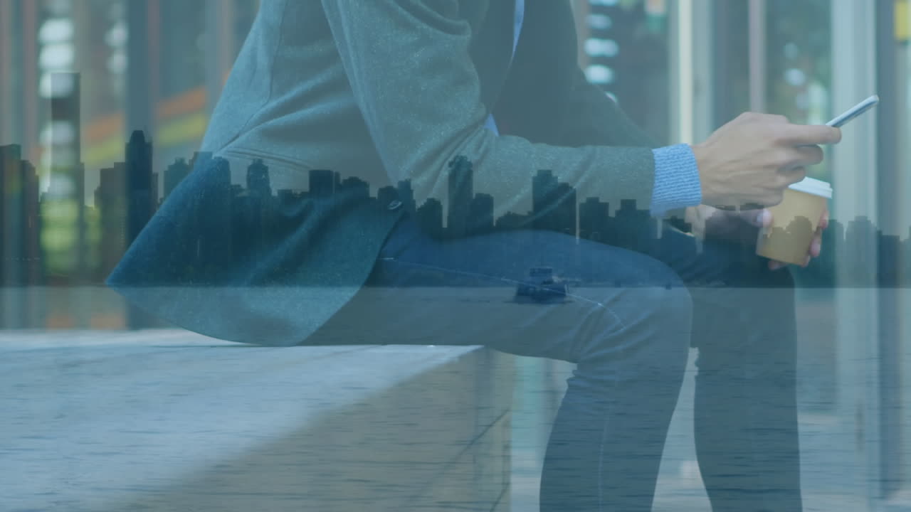 도시 풍경 위에서 스마트폰을 사용하는 사람의 애니메이션