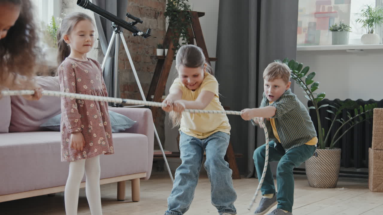 Kids Pulling Rope and Playing at Home