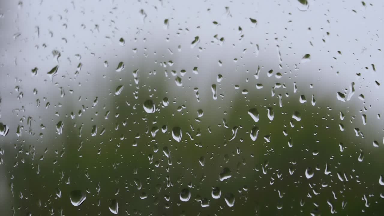 Rain drops falling on window, while the trees move very wild from one side to another in a very cold and windy day.