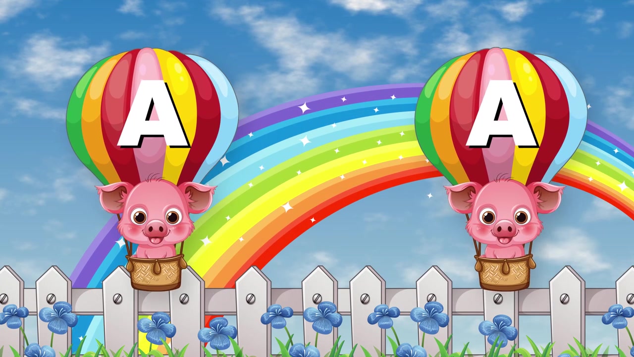 Porcos animados flutuam em balões coloridos por um céu brilhante com arco-íris e cercas brancas.