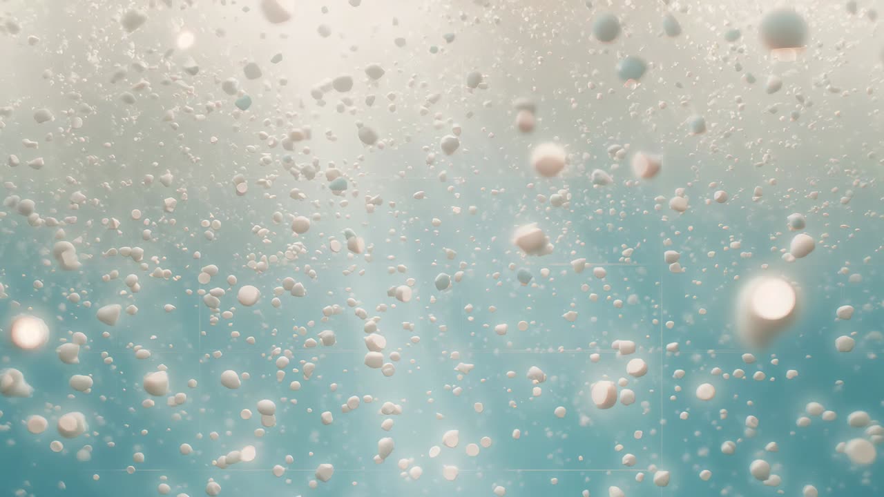 Holding steady camera capturing pale spheres rising and drifting through bluish water with sunbeams