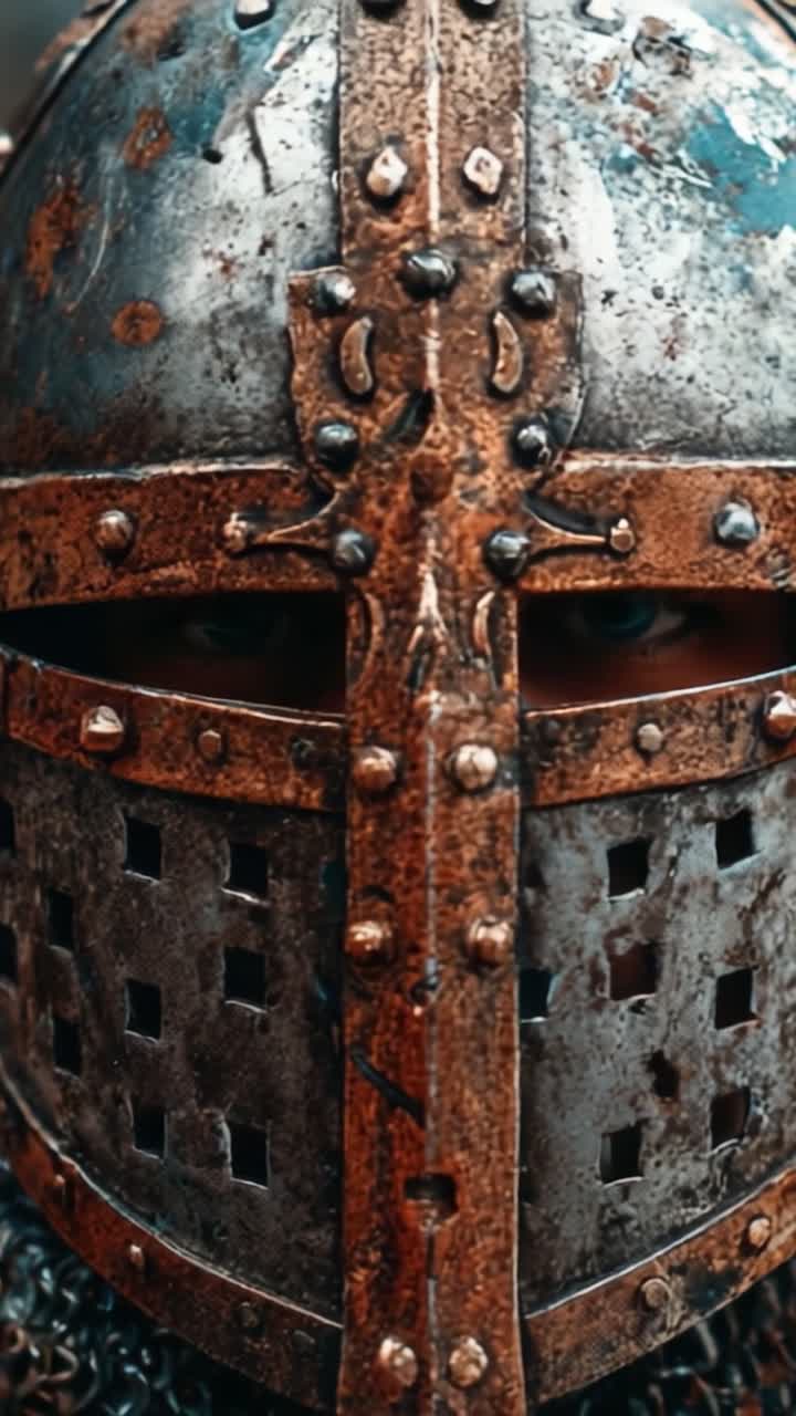 Primo piano di un elmo medievale arrugginito, che evidenzia i dettagli intricati e gli occhi misteriosi di un guerriero pronto per la battaglia.