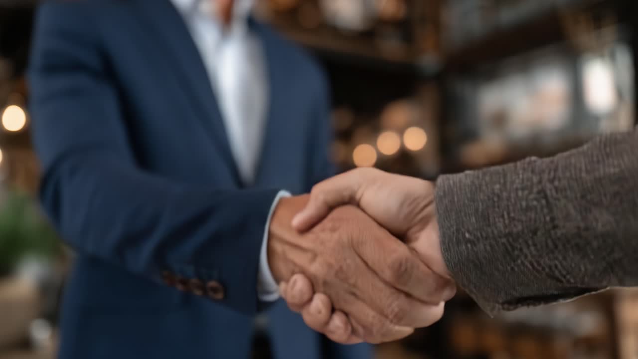 Un apretón de manos profesional entre dos individuos significando acuerdo y asociación en un entorno empresarial moderno, enriquecido con sutiles detalles de fondo.