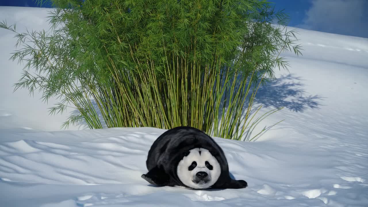 Panda in a Snowy Landscape with Bamboo