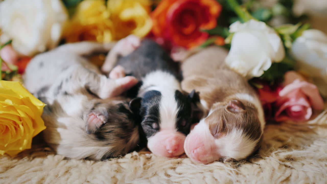 unos cachorros pequeños cerca de un ramo de flores