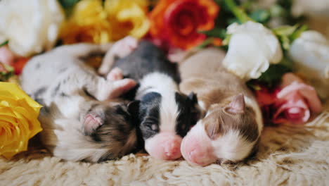 a few small puppies near a bouquet of flowers