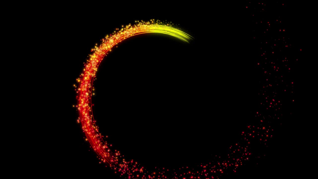 Animation about glowing particles. The lines formed by the red, orange, and yellow particles and the particles continuously rotate. From outside to center.