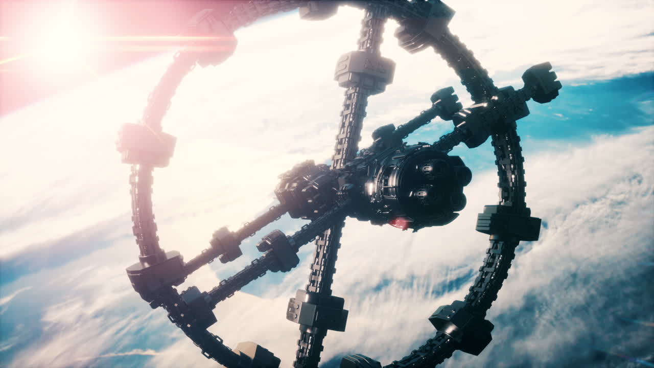 una enorme nave espacial muy detallada se acerca a la tierra.