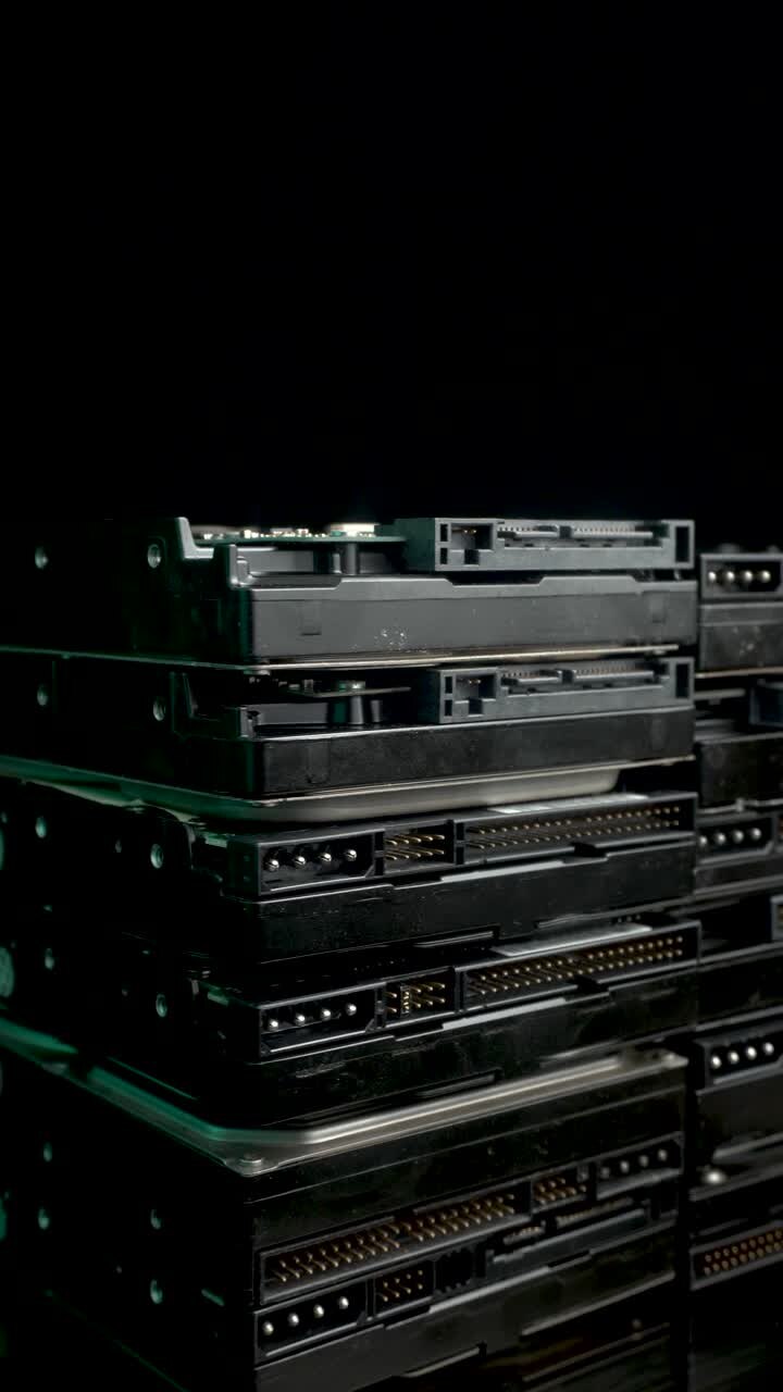 Vertikal visning, bunke af HDD'er, diskdrev, computerdatalagring, nærbillede