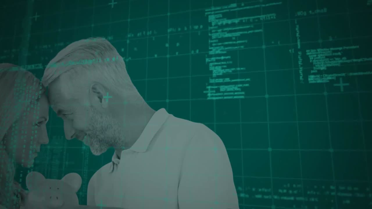 animación de procesamiento de datos y pareja caucásica en fondo negro.