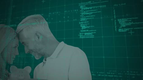 Animation of data processing and caucasian couple on black background
