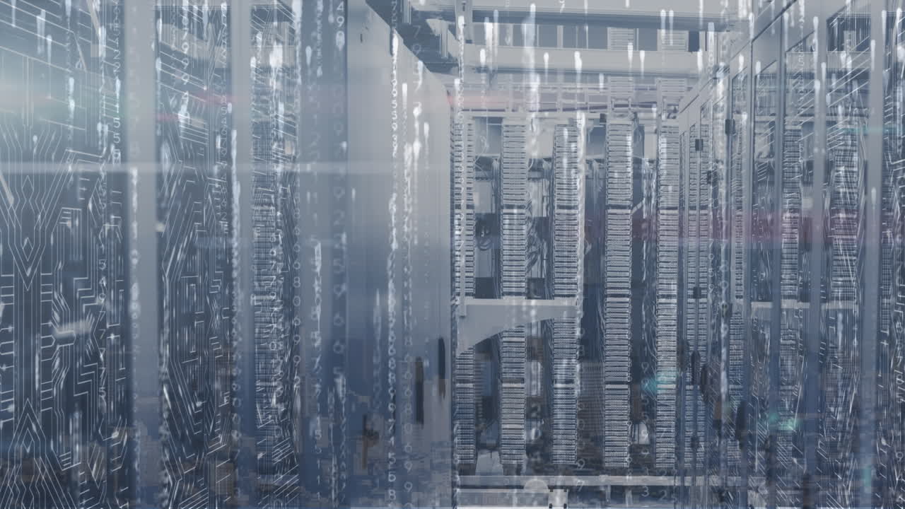 animazione di luci che cadono sui server