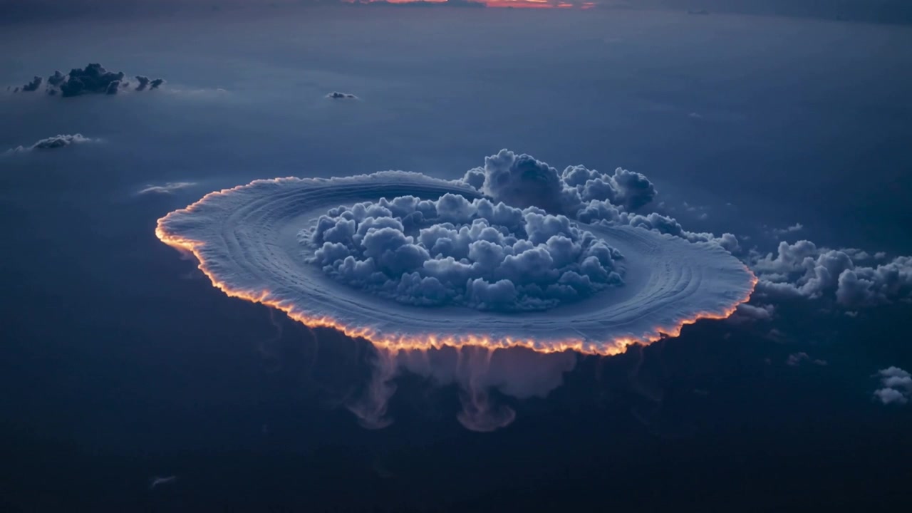 Formazione di un complesso di nuvole circolari con torri convettive, bordo illuminato dal sole basso sull'oceano al tramonto.