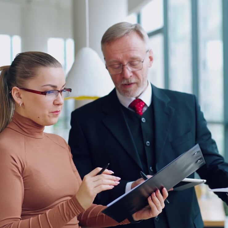 Smiling secretary talking to a mature business man. Young woman in glasses with folder having a conversation with her boss in modern office.