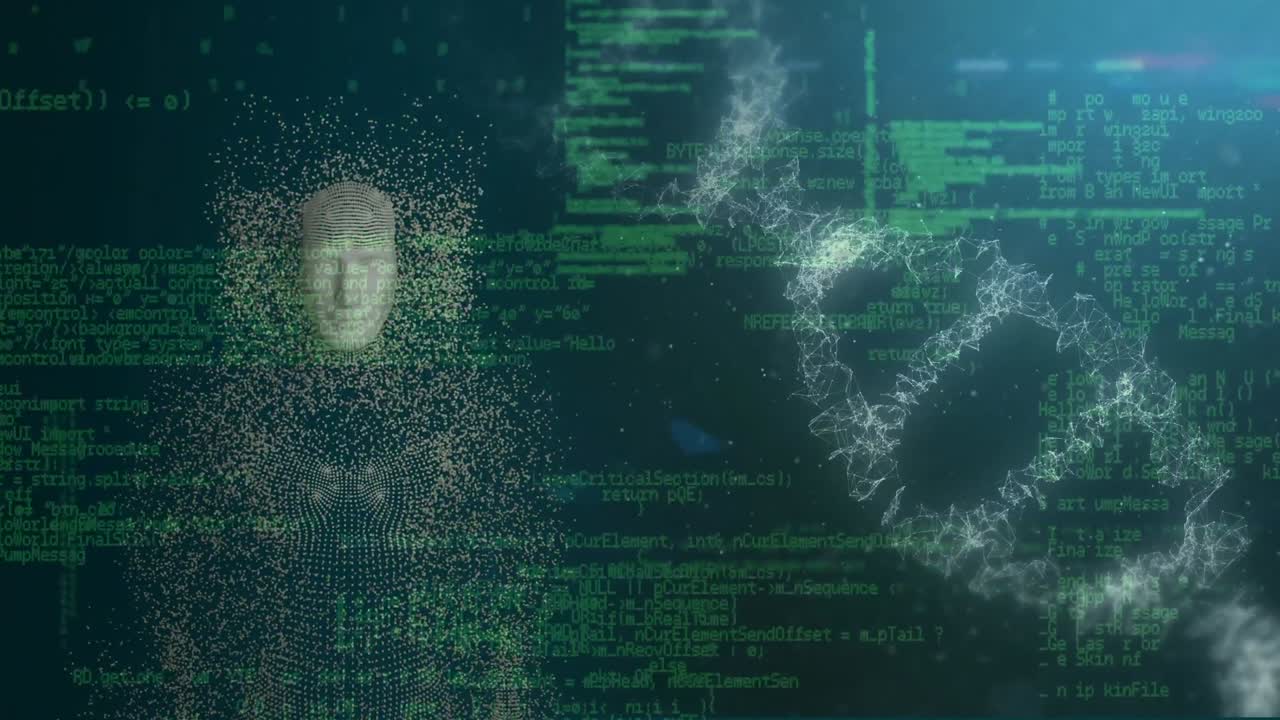 animación del procesamiento de datos, modelo de cabeza humana y cadenas de adn en espacio verde