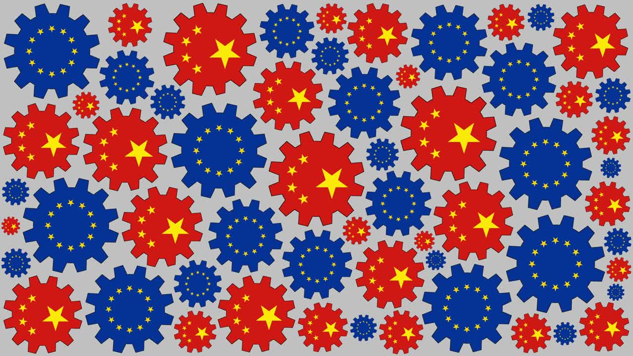 Chinese and european flag gears spinning background