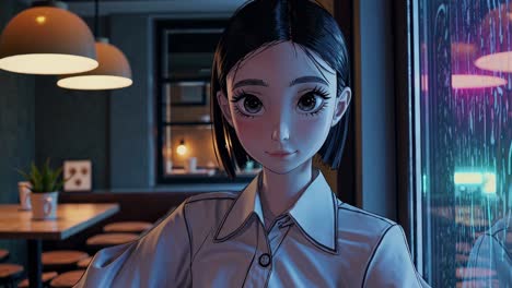 anime girl in a cafe at night