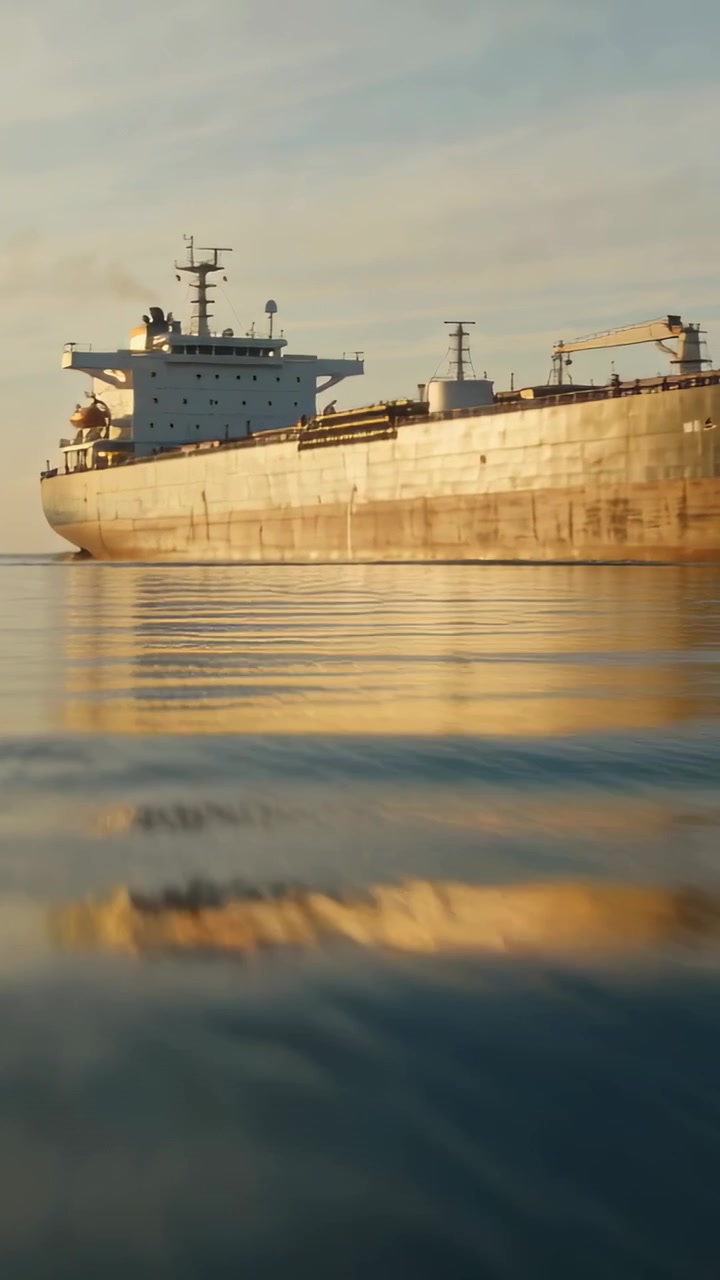 Vertical video: Camera drifting, bulk carrier revealing cranes at sea, rippling golden reflection