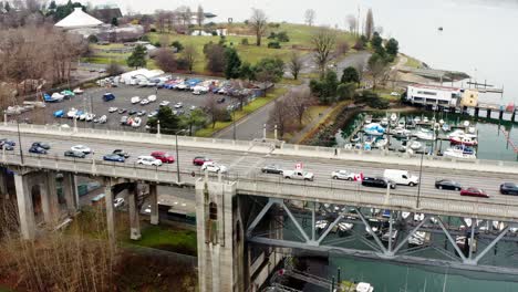 freedom convoy converge to fight against covid 19 mandates at burrard bridge in downtown vancouver, canada