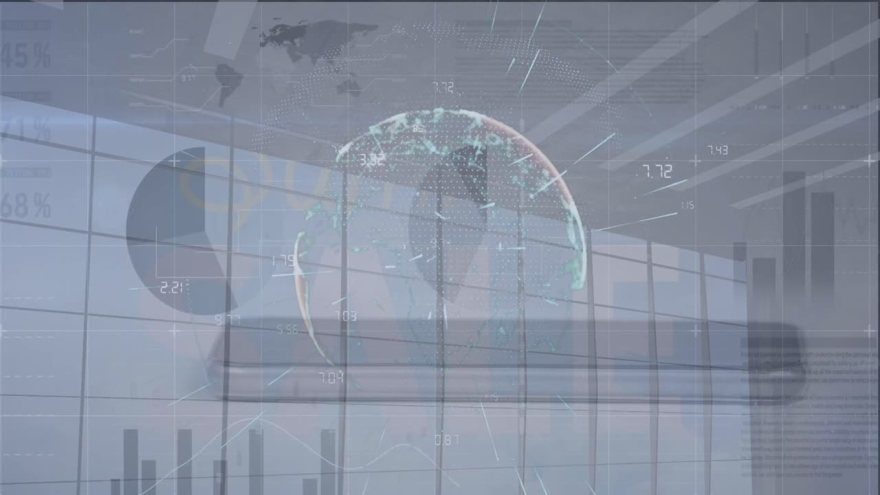 테이블 위의 휴대 전화에 대한 전 세계에 대한 선과 숫자에 대한 인포그래픽 인터페이스의 애니메이션