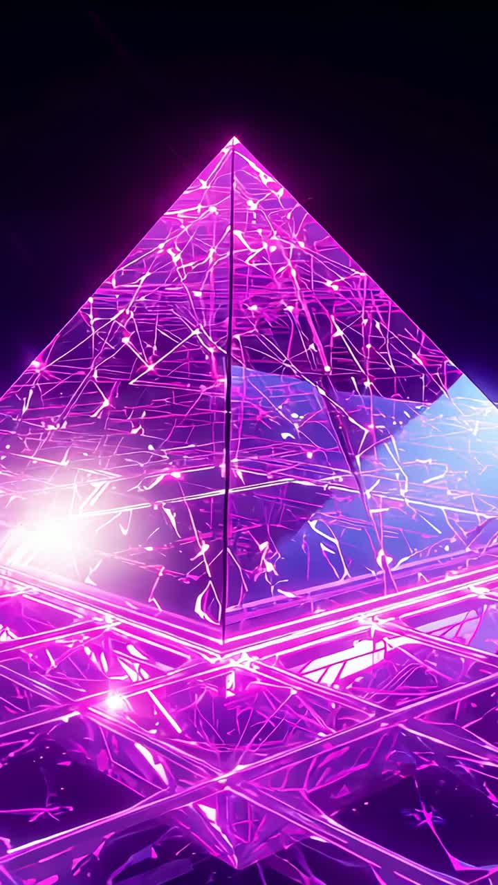 Vertical video: Pulsing pyramid tracing neon as camera rising in gallery reflecting grid for art