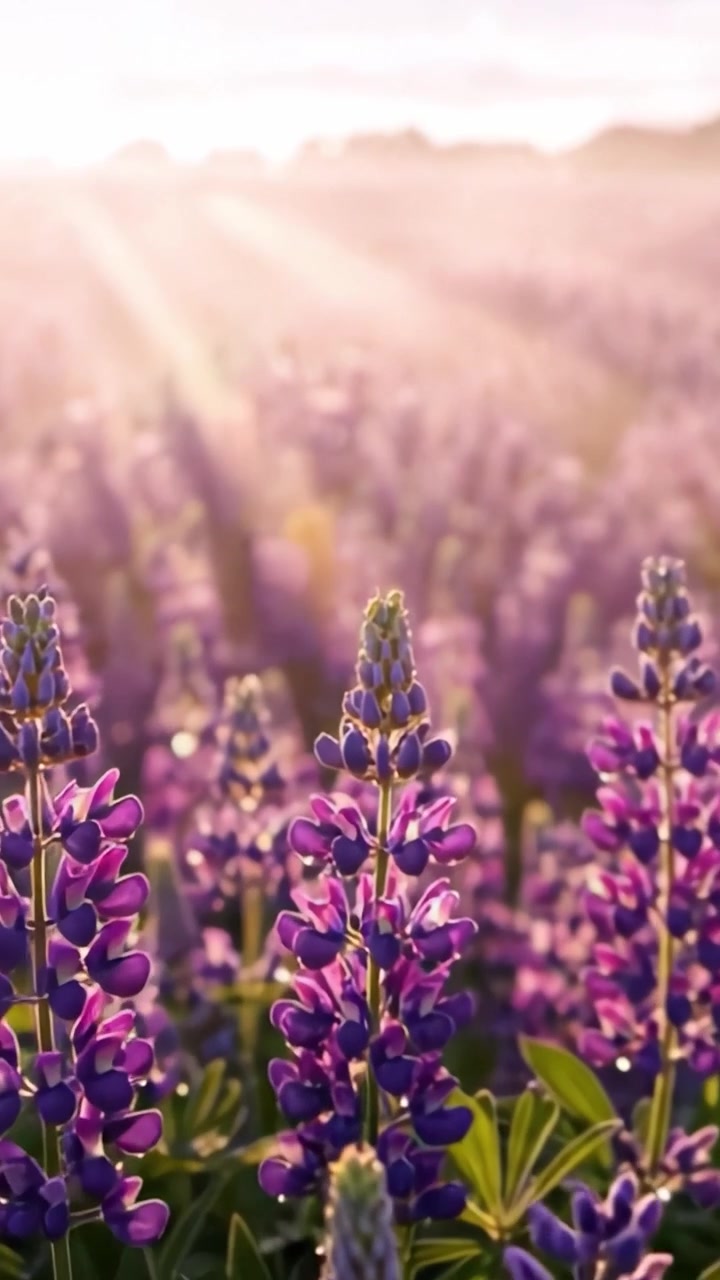 Campo mozzafiato di lupini viola in fiore catturato nella morbida luce del mattino, che mostra la bellezza e la serenità della natura in un paesaggio mozzafiato